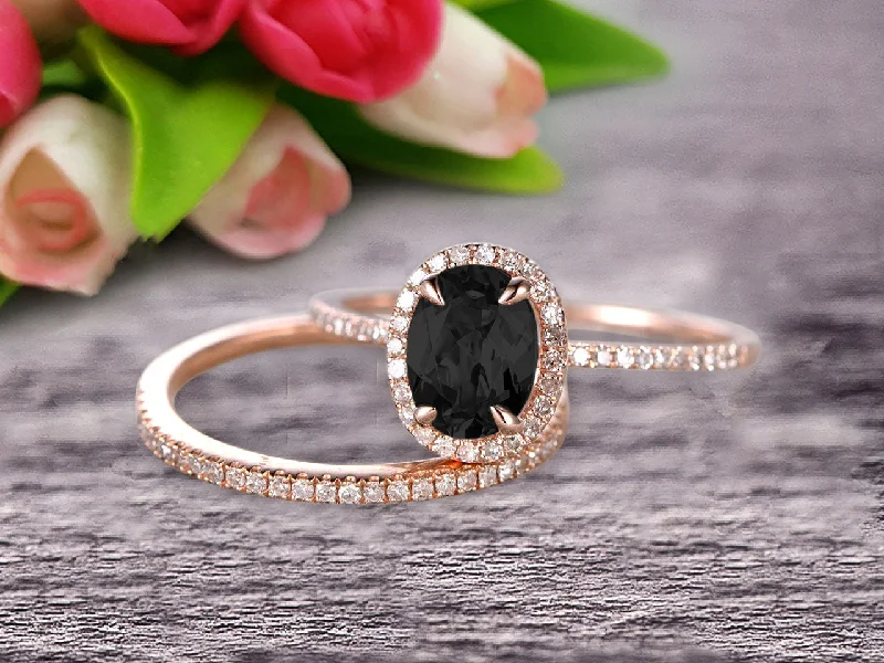 handcrafted engagement rings -stylish modern necklaces for women -Bridal Set Oval Cut Gemstone 1.75 Carat  Black Diamond Moissanite Engagement Ring Wedding Ring On 10k Rose Gold Anniversary Gift Glaring Staggering Ring