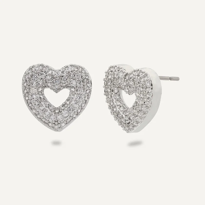 silver hoop earrings for women -luxury necklaces for women -Kylie Cubic Zirconia Heart Stud Earrings In Silver-Tone