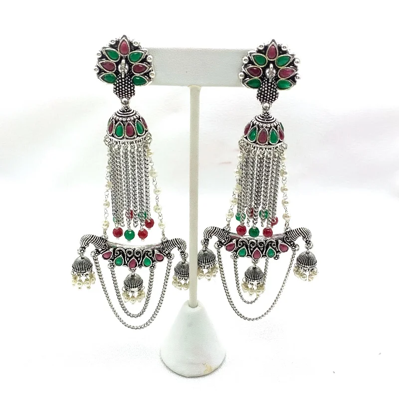 gemstone dangling earrings -sapphire necklaces for women -Trendy Long Oxidized Silver Designer Earring with Red and Green stones and jhumka