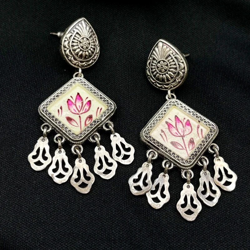 elegant drop earrings for women -bridal shower necklaces for women -Oxidized German Silver Hand Painted Meenakari Earrings