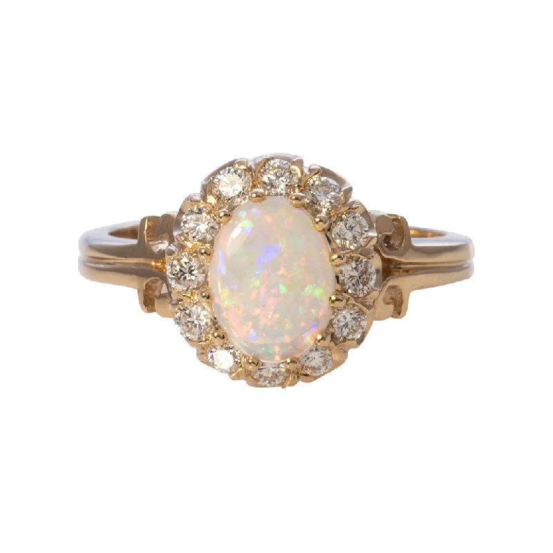 cocktail rings for women -simple necklaces for women -Oval Opal & Diamond Cluster 14K Yellow Gold Ring