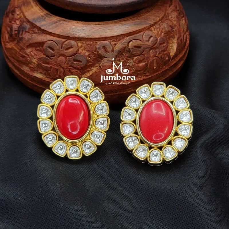 gemstone earrings for women -statement necklaces for women -Coral Kundan Victorian Big Stud Earring