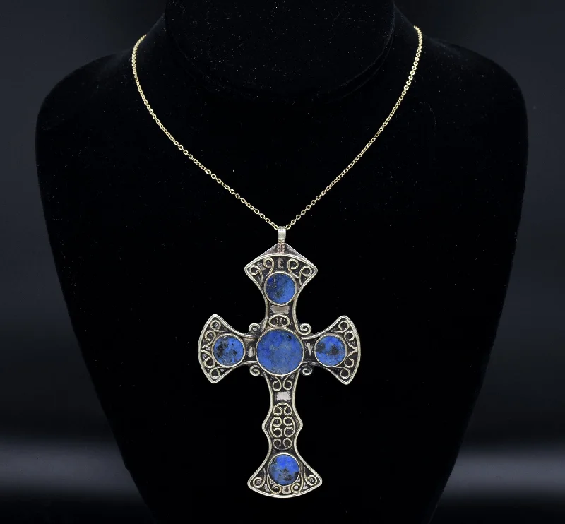 symbolic necklaces for women -women’s crystal charm necklaces -Vintage Lapis Lazuli Silver Tone Metal Cross Pendant Necklace - 17.75"