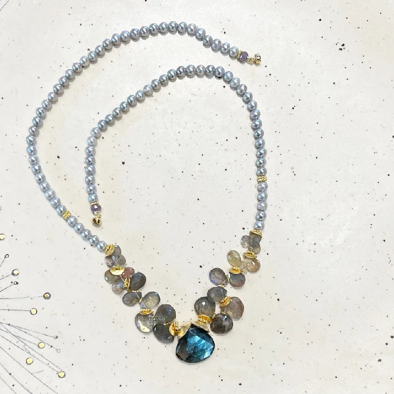 gold chain necklaces for women -gold chain necklaces for women -Gray Fresh Water Pearl, Labradorite  & Sapphire Broiolettes  Necklace