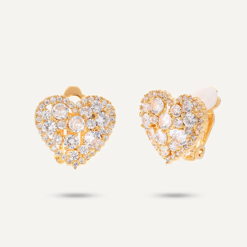 women’s large stud earrings -luxury fashion necklaces for women -Heart Shaped Cubic Zirconia Earrings In Gold-Tone