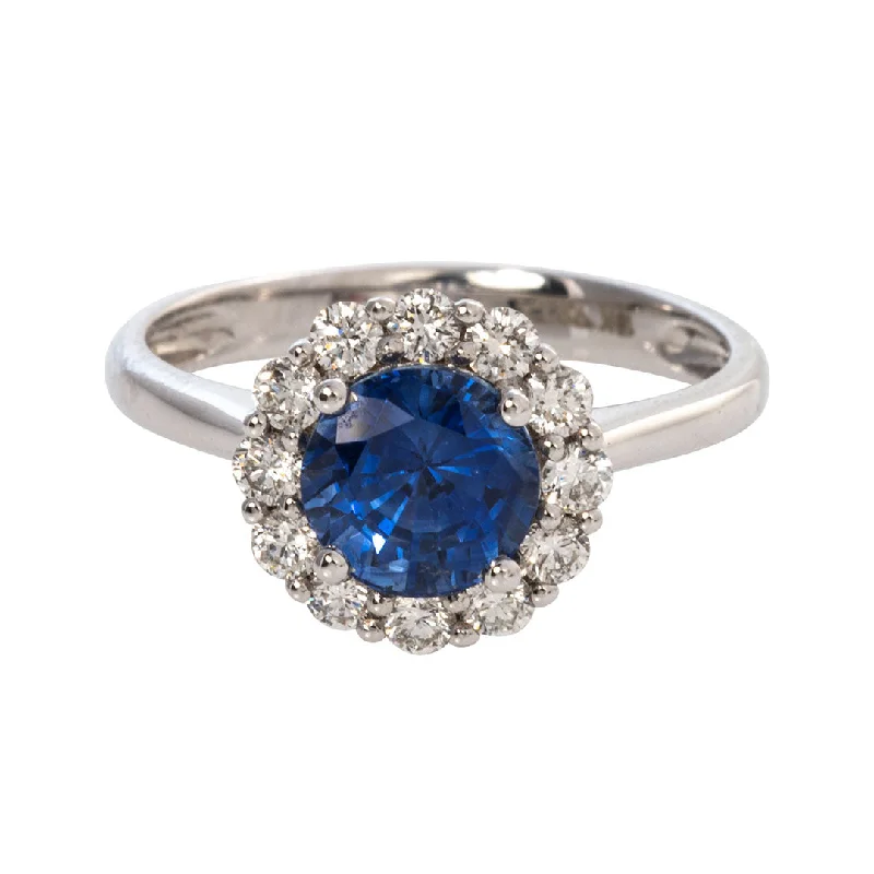 modern rings for women -unique necklaces for women -1.88ct Round Sapphire & Diamond Halo 18K White Gold Ring