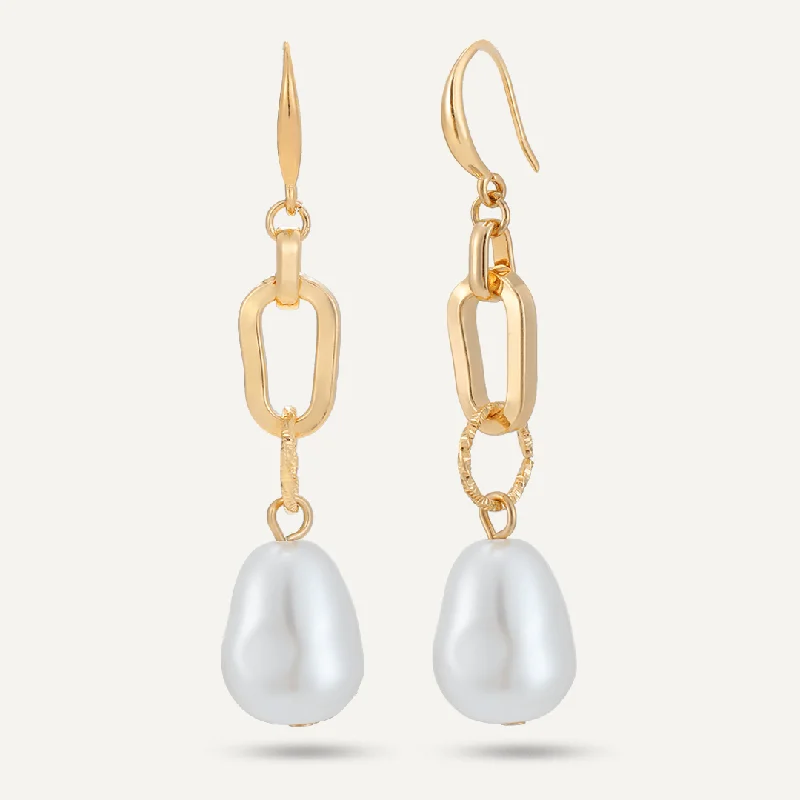 trendy earrings for parties -women’s sparkling necklaces -Chain-Link Faux Pearl Drop Earrings In Gold-Tone