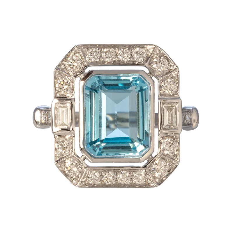 emerald rings for women -luxury diamond necklaces for women -Emerald Cut Blue Topaz & Diamond 18K White Gold Ring