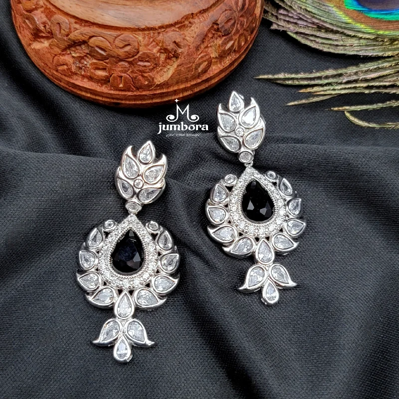 gemstone earrings for women -statement necklaces for women -Contemporary Black & White Gold AD Zircon Jhumka Earring