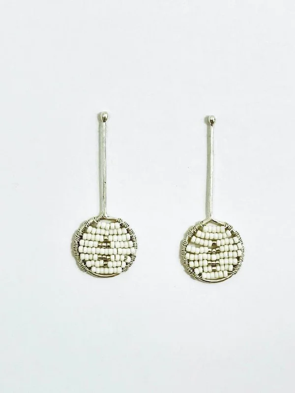 diamond earrings for women -gold necklaces for women -Long Drop Beaded Disk Earrings - SILVER/OFF WHITE