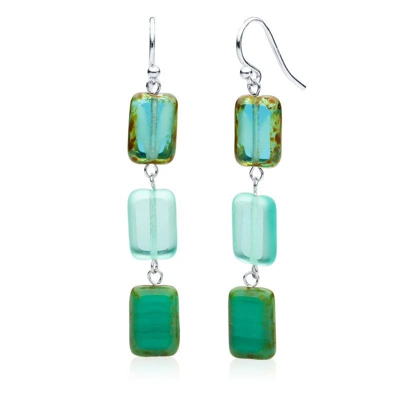 timeless earrings for women -handcrafted necklaces for women -Teal Frost Mix Glass Rectangle Beaded Drop Earrings