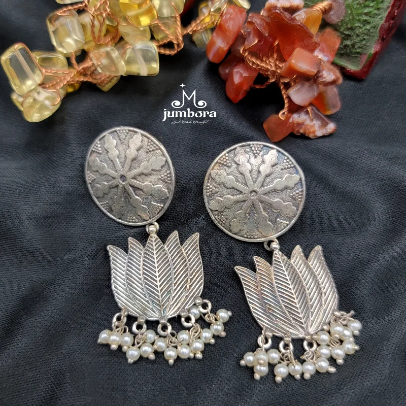 crystal earrings for women -bridal necklaces for women -Silver Look Alike (SLA) Lotus Oxidized German Silver Earring