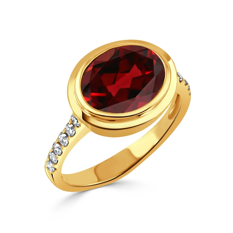 bold rings for women -high-end necklaces for women -Oval Garnet & Pavé Diamond 18K Yellow Gold Ring