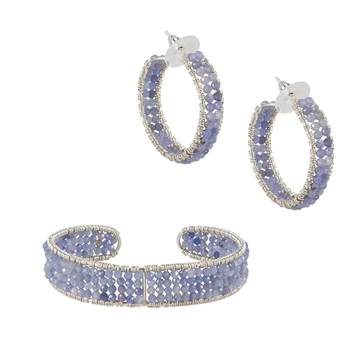 fashionable drop earrings -wedding gift necklaces for women -Silver Tanzanite Bracelet Cuff & Earring Hoop Set