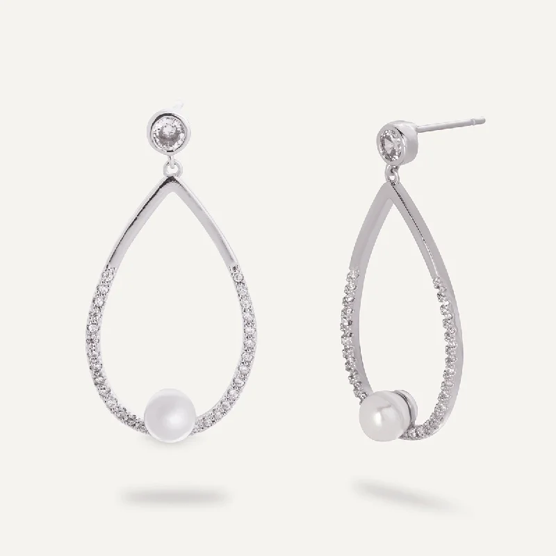 sleek hoop earrings for women -large statement necklaces for women -Audrey Pearl Swing Drop Earrings In Silver-Tone