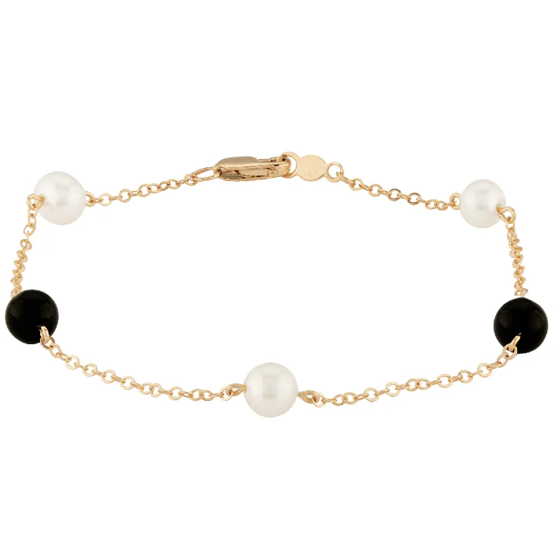 multi-layered bangles for women -silver pendant necklaces for women -14k Yellow Gold Freshwater Pearl and Onyx Bracelet