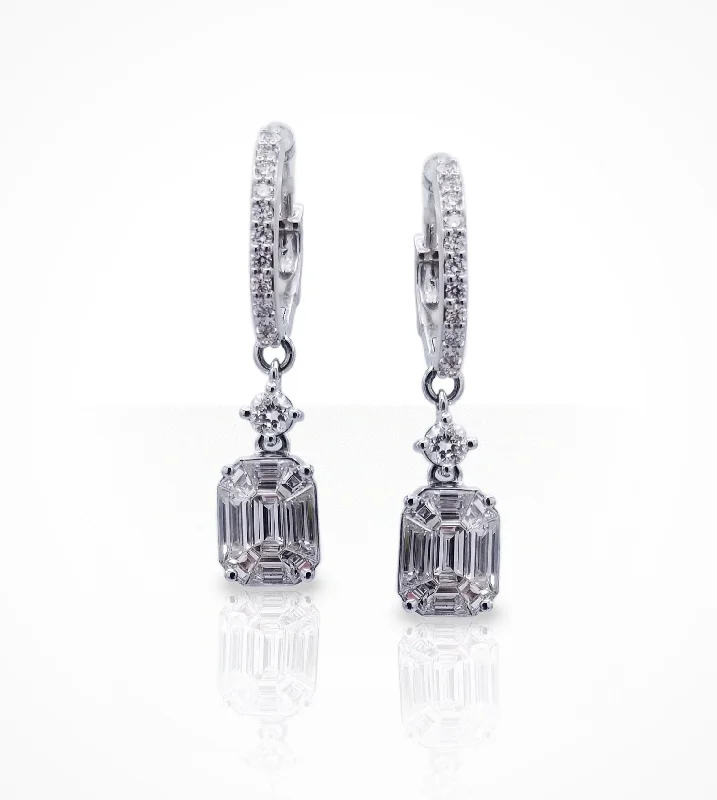 fancy earrings for women -beautiful gemstone necklaces for women -ER00525 18KW invisibly set drop earrings, all baguette round diamonds=1.73ct, F-VS