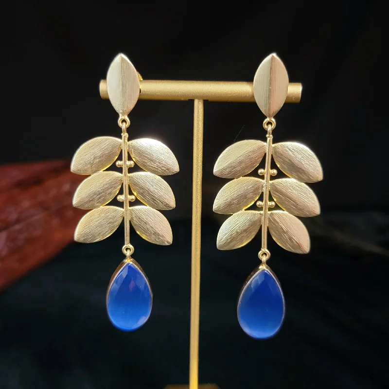 sterling silver earrings -elegant heart-shaped necklaces for women -Contemporary Amrapali Style Blue & Gold Leaf Earring