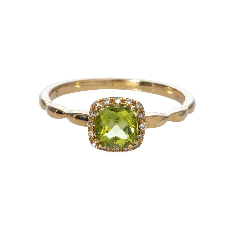 fashion rings for women -gemstone necklaces for women -Cushion Peridot & Diamond Halo 14K Yellow Gold Ring