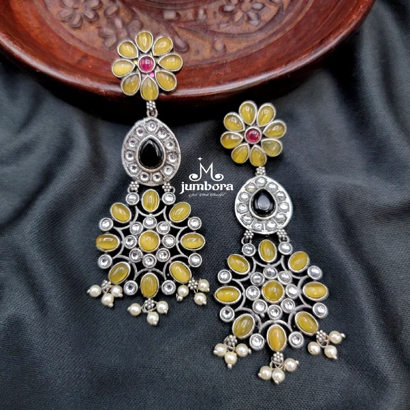 luxury drop earrings -stacked necklaces for women -Amrapali Inspired Long Yellow & Black stone Oxidized German Silver Earring