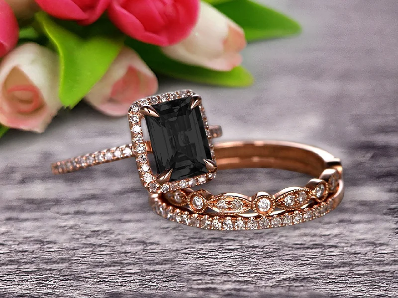 gold engagement rings for women -silver necklaces for women -Milgrain 2 Carat Emerald Cut Black Diamond Moissanite Wedding Set Engagement Ring 10k Rose Gold Art Deco Two Matching Band Anniversary Gift Glaring Staggering Ring