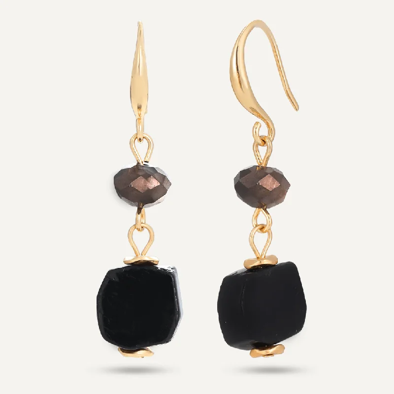 crystal earrings for women -bridal necklaces for women -Black Semi-Precious Stone Hook Earrings In Gold-Tone