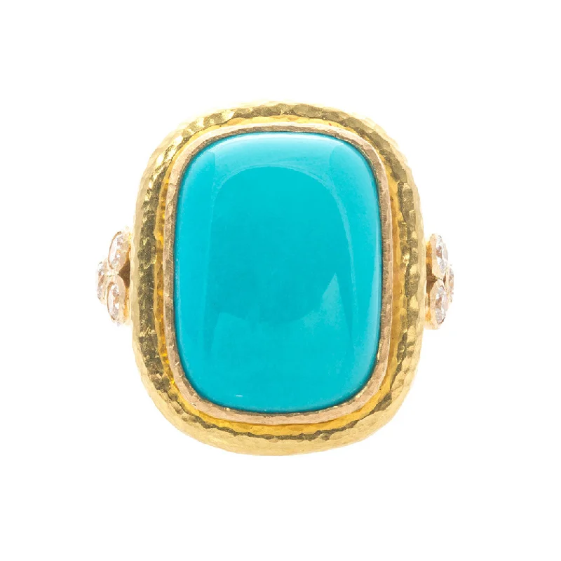 stylish rings for women -layered chain necklaces for women -Elizabeth Locke Cushion Cabochon Turquoise & Diamond Triad Ring