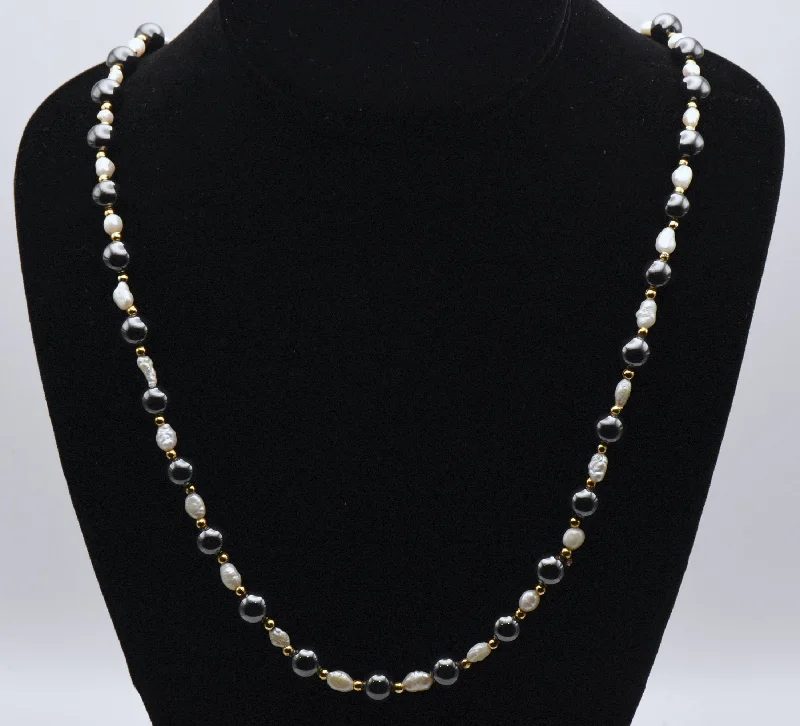 contemporary necklaces for women -personalized engraving necklaces for women -Hematite and Freshwater Pearls Necklace - 24"