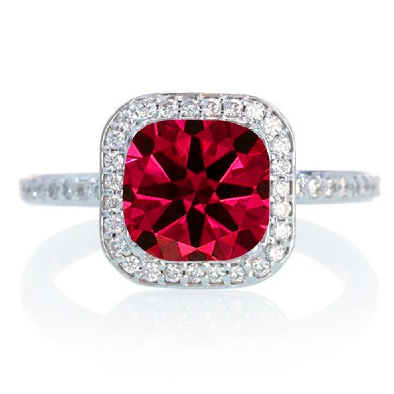 bridal set engagement rings -wedding day necklaces for women -1.5 Carat Cushion Cut Classic Ruby and Moissanite Diamond Halo Multistone Engagement Ring on 10k White Gold