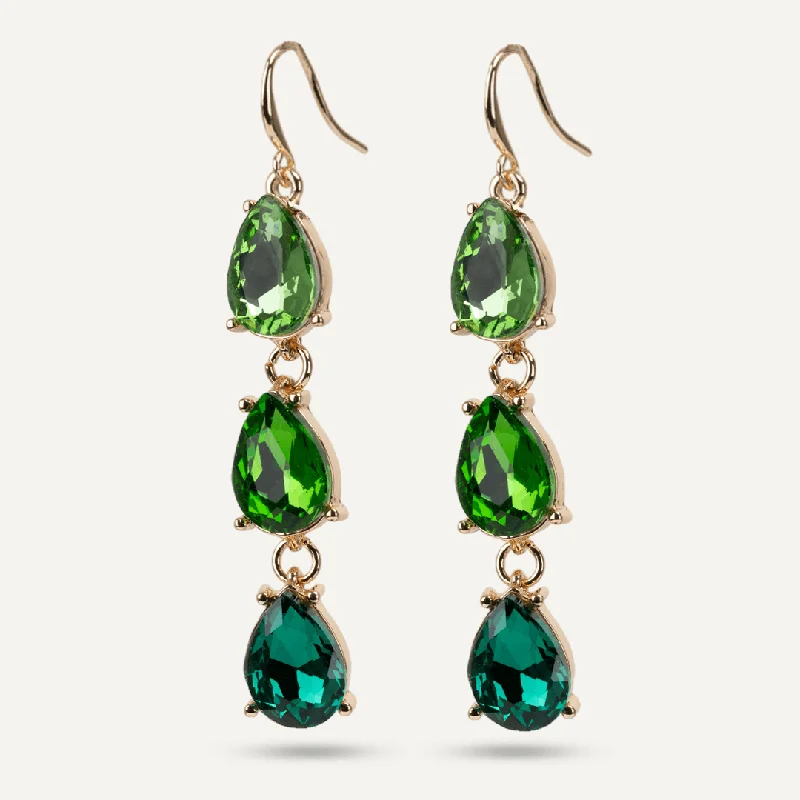 trendy dangling earrings -women’s engagement necklaces -Iris Emerald Green Jewel & Crystal Hook Earrings In Gold-Tone