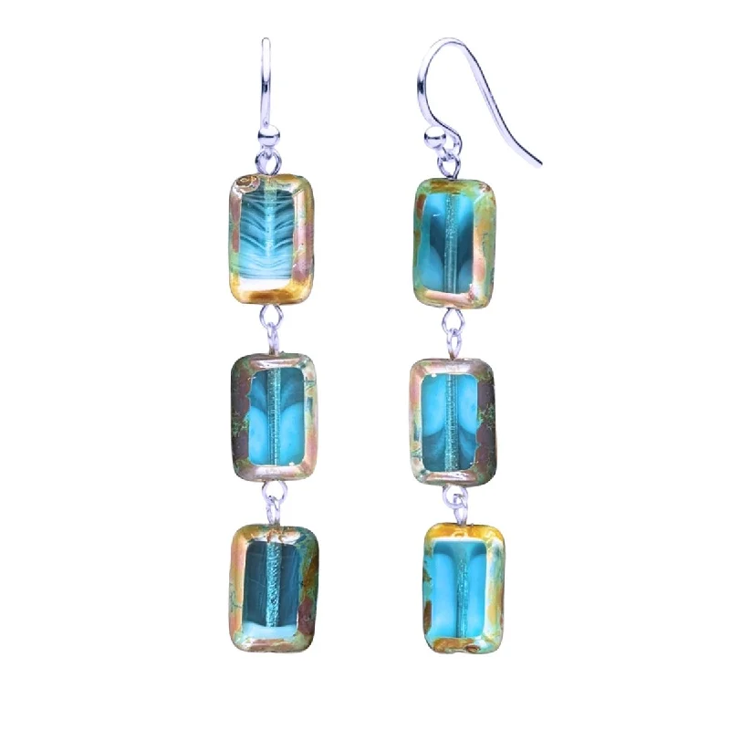 handmade earrings for women -cute necklaces for women -Teal Swirl Glass Rectangle Beaded Drop Earrings