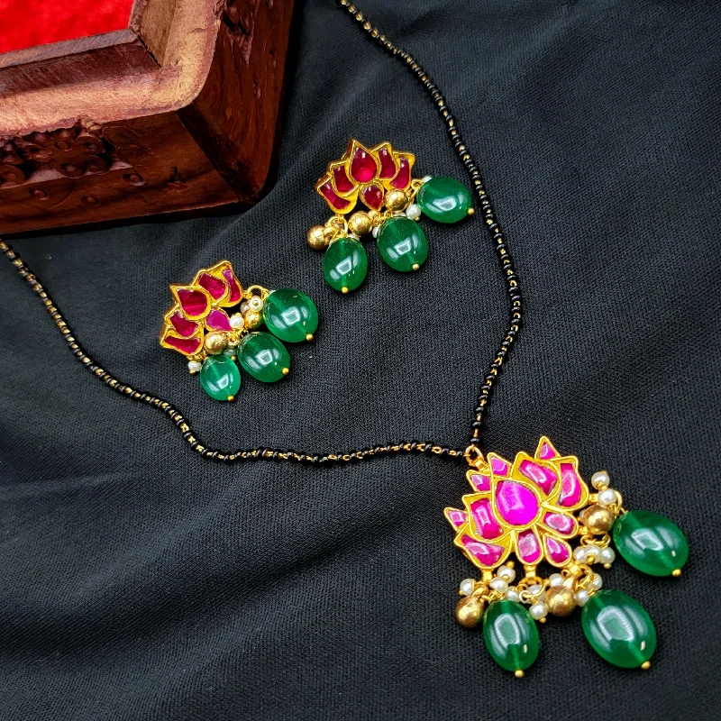 fashion-forward earrings for women -statement pendant necklaces for women -Lotus Jadau Kundan Pendant & Earring set