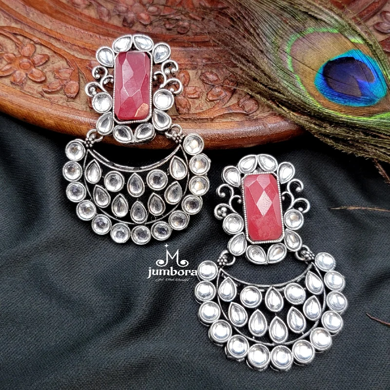 elegant drop earrings for women -bridal shower necklaces for women -Red & White Kundan Chaand bali Oxidized German Silver Earring