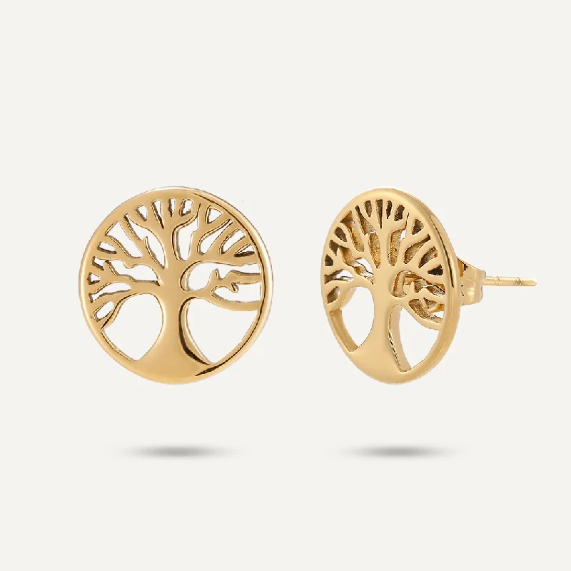 women’s pearl stud earrings -charm necklaces for women -Tree Of Life Stud Earrings In Gold-Tone