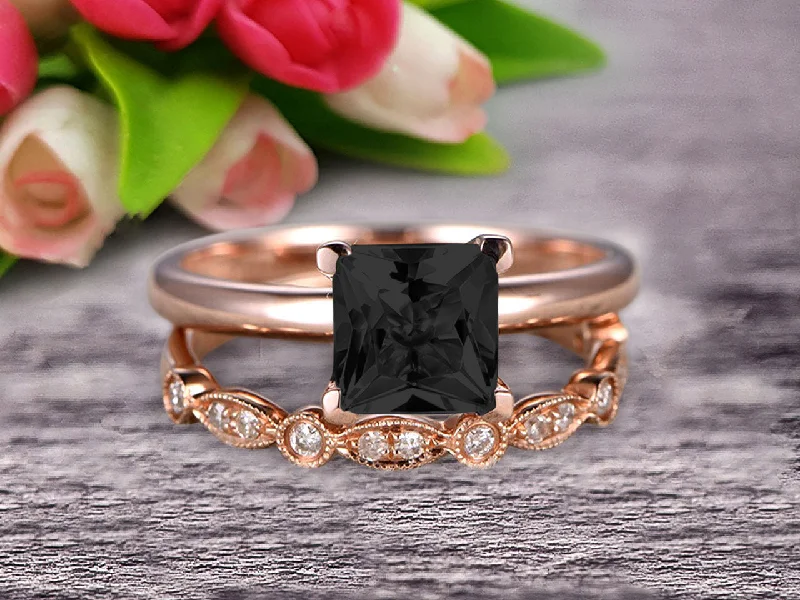 vintage engagement rings for women -personalized necklaces for women -Bridal Set 1.25 Carat Princess Cut Black Diamond Moissanite Solitaire Engagement Ring With Matching Wedding Band On 10k Rose Gold Art Deco Shining Startling Ring