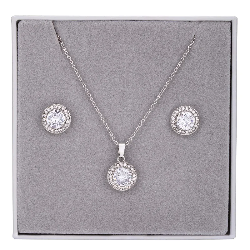 gold earrings for women -silver necklaces for women -Cubic Zirconia Circle Pendant Necklace & Earrings Boxed Set In Silver-Tone