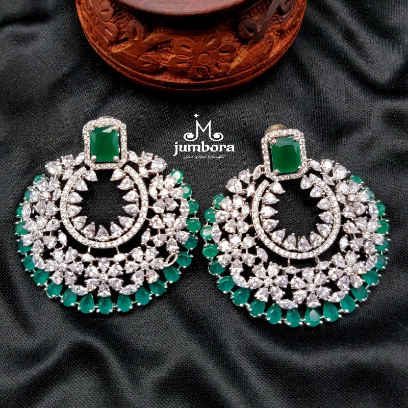 dangling earrings for women -gemstone necklaces for women -Statement Whilte & Green Zircon CZ ( AD) Chaandbali Earring