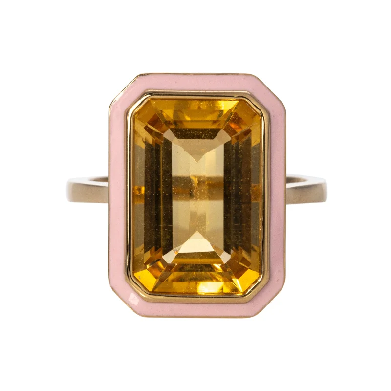 matching couple rings -personalized birthstone necklaces for women -Goshwara Emerald-Cut Citrine & Pink Enamel 18K Gold Ring