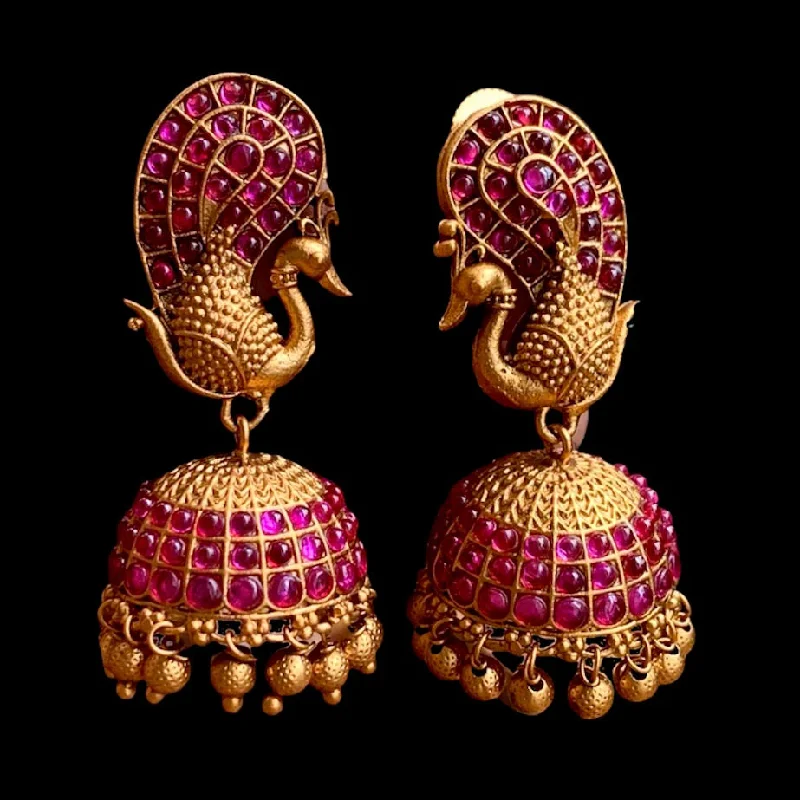 fashion gold earrings -trendy choker necklaces for women -Peacock Matte Gold Kemp Jhumka Earring