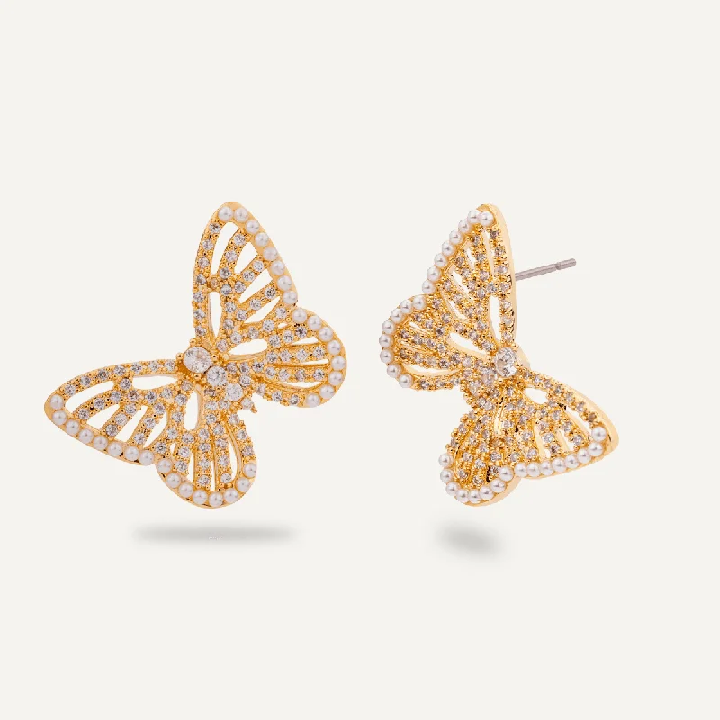 statement earrings for women -elegant necklaces for women -Eternal Butterfly Cubic Zirconia & Faux Pearl Stud Earrings In Gold-Tone