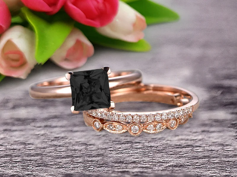 platinum engagement rings for women -trendy necklaces for women -Trio Set 1.50 Carat Princess Cut Black Diamond Moissanite Wedding Set Engagement Ring Anniversary Ring On 10k Rose Gold Art Deco With Matching Band Shining Startling Ring