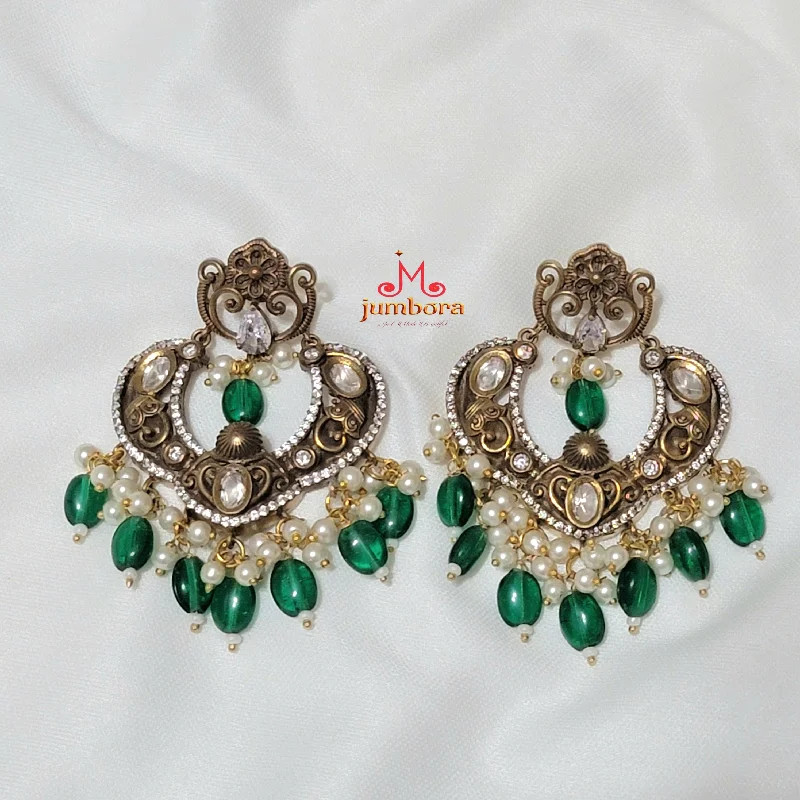 trendy stud earrings for women -vintage necklaces for women -Green Kundan & White Zircon CZ ( AD) Victorian Earring