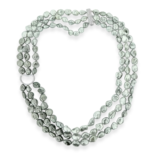 matching necklaces for couples -men’s and women’s matching necklaces -Three Row Keshi Pearl & Diamond Necklace