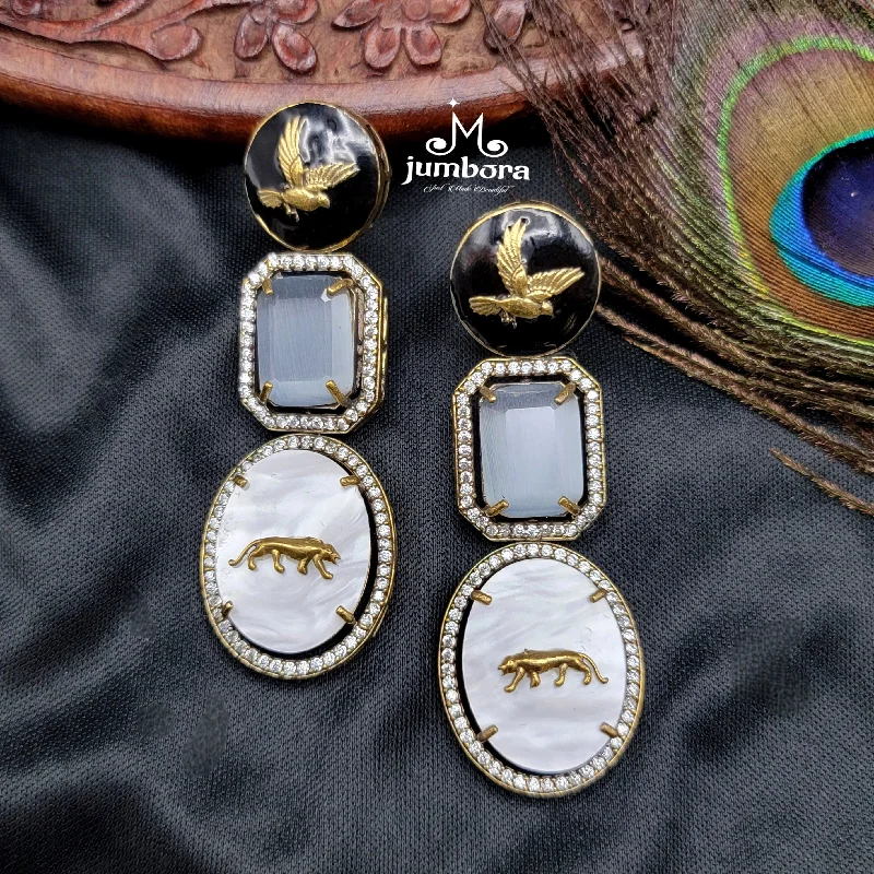 vintage earrings for women -choker necklaces for women -Sabyasachi Inspired MOP (Mother of Pearl) Grey AD Zircon Victorian Earring