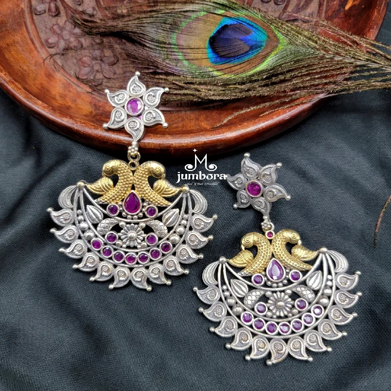 elegant earrings for women -trendy gold necklaces for women -Silver Look Alike (SLA) Dual Tone Peacock Ruby Red Oxidized German Silver Earring