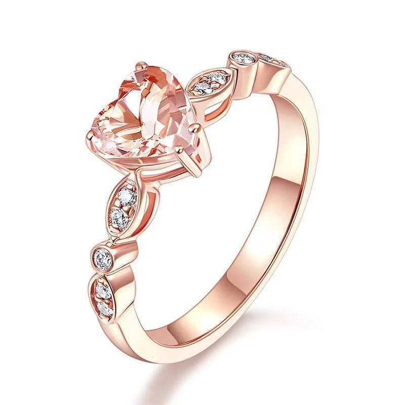 women’s stacked engagement rings -personalized engraving necklaces for women -14K Rose Gold 7mm Heart Peach Morganite 0.1 Ct Natural Diamond Ring