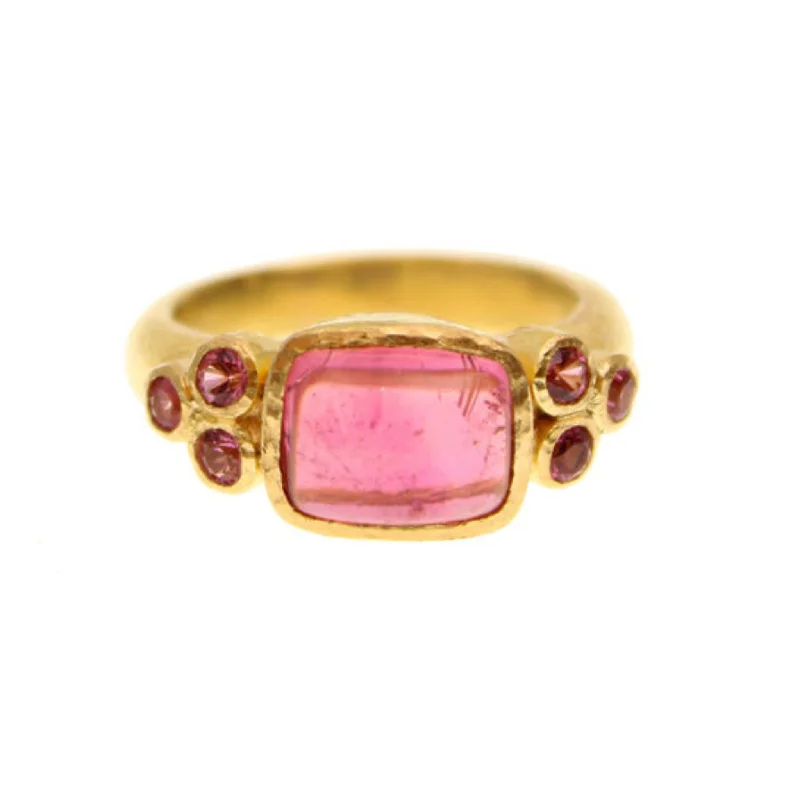 classy gold wedding rings -minimalist gold necklaces for women -Elizabeth Locke Pink Tourmaline Cabochon & Faceted Triad Ring