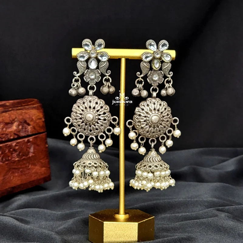 designer earrings for women -creative design necklaces for women -Silver Look Alike Long Kundan Oxidized German Silver Jhumka Earring