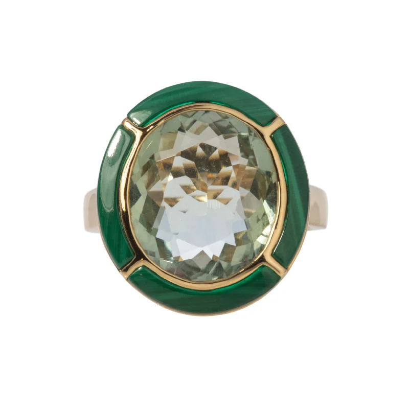 heart-shaped rings for women -fashion-forward necklaces for women -Goshwara Oval Prasiolite & Malachite Inlay 18K Gold Ring