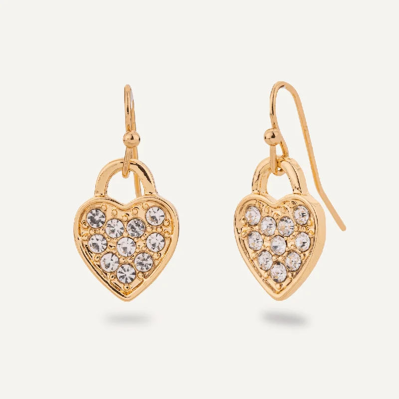 statement earrings with pearls -hand-crafted gold necklaces for women -Sweetheart Crystal Padlock Heart Drop Earrings In Gold-Tone